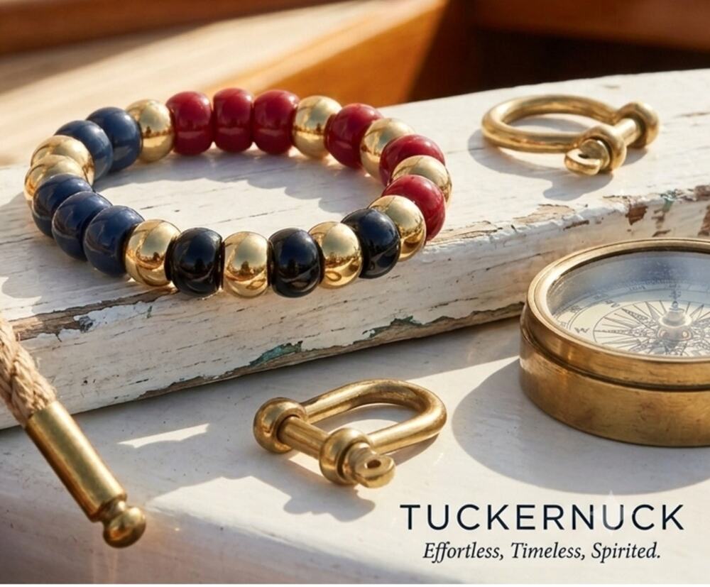 Tuckernuck Claret Beaded Bradley Bracelet Nautical Red Blue Black and Gold Tone